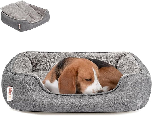Miguel Faux Linen Dog Bed with Removable Cushion Pillow for Medium Small Dogs, Washable Pet Bed with Side Easy to Wash Puppy Bed, Rectangle Cat Bed for Indoor Cat with Anti-Slip Bottom, Gray 30 Inch