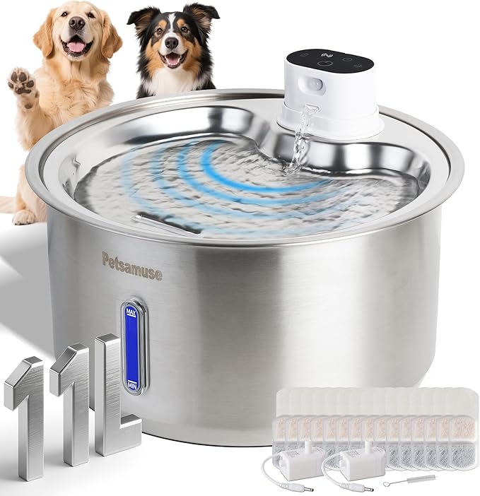 11L Wireless Smart Stainless Steel Water Fountain, Petsamuse 5000MAH Battery 2.8Gal Large Dog Water Fountain with 2 Quiet Pumps Large Dog Water Dispenser with Motion Sensor, Timer Mode & 15 Filters