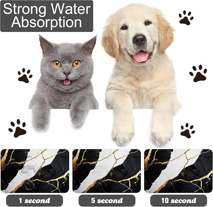 Black Gold Marble Dog Cat Food Mat-Absorbent Placemat for Food and Water Bowl, Waterproof Non Slip Rubber Backing Dog Food Mats for Floors, Pet Supplies 12 * 20 inch