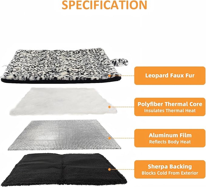 Self-Warming Cat Pad, Self-Heating Thermal Pet Mat for Indoor Outdoor Cats and Small Dogs Bed Mat for Sleeping, Non-Slip Hooks, 30 x 24 Inches, Black/White