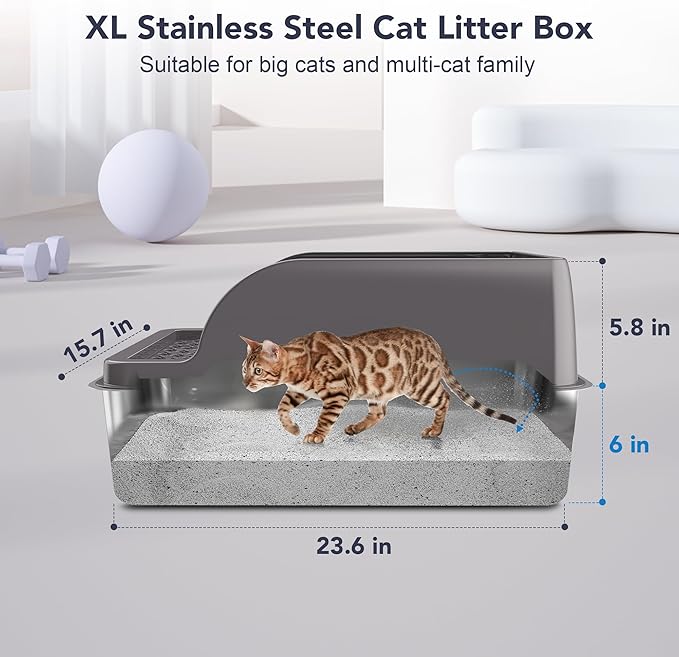 UPSKY Stainless Steel Cat Litter Box with Lid, XL Large Metal Litter Box for Large Breeds, Enclosed Kitty Litter Pan with High Sides, Leak-Proof & Non-Stick, Easy to Clean, Scoop and Mat Included