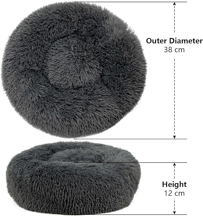 Dog Bed, Fluffy Round Pet Bed Non-Slip, Calming Soft Plush Donut Cuddler for Indoor Small Dogs Kittens, 15 inches Cat Bed Machine Washable, Dark Gray