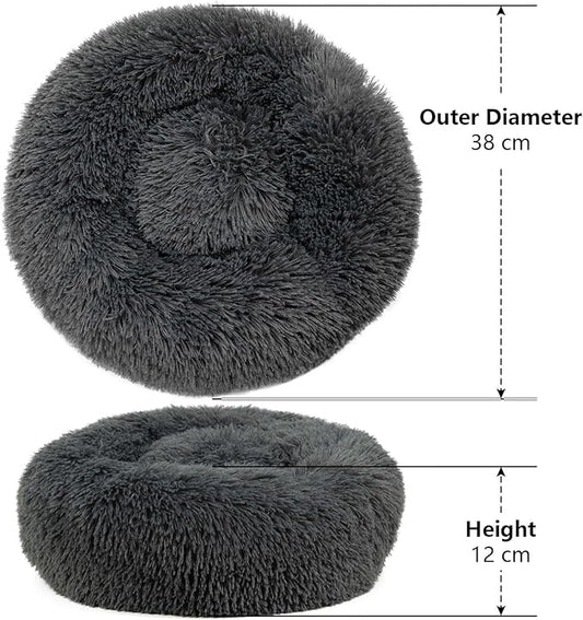 Dog Bed, Fluffy Round Pet Bed Non-Slip, Calming Soft Plush Donut Cuddler for Indoor Small Dogs Kittens, 15 inches Cat Bed Machine Washable, Dark Gray