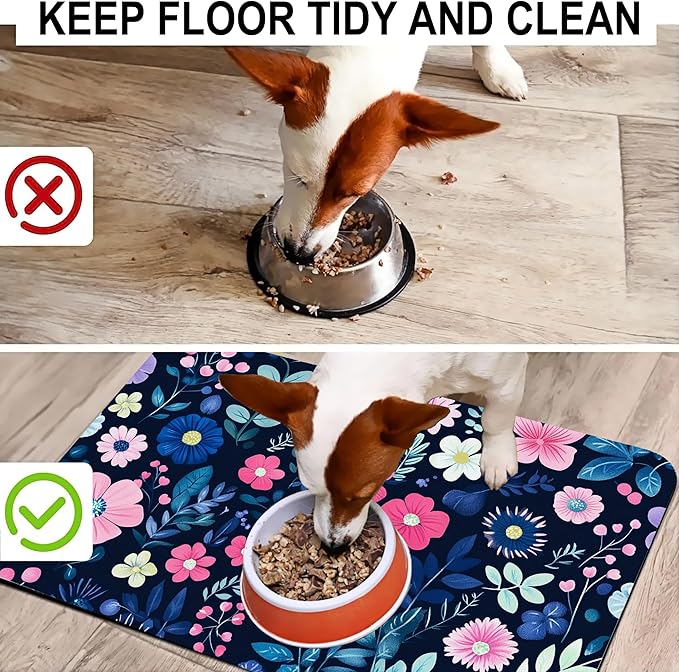 Groovy Wildflowers Pet Feeding Mat-Quick Dry Absorbent Dog Cat Food Mat, Anti-Slip Water Bowl Mats for Messy Eaters-No Stains Indoor Pet Accessories 16"x24"