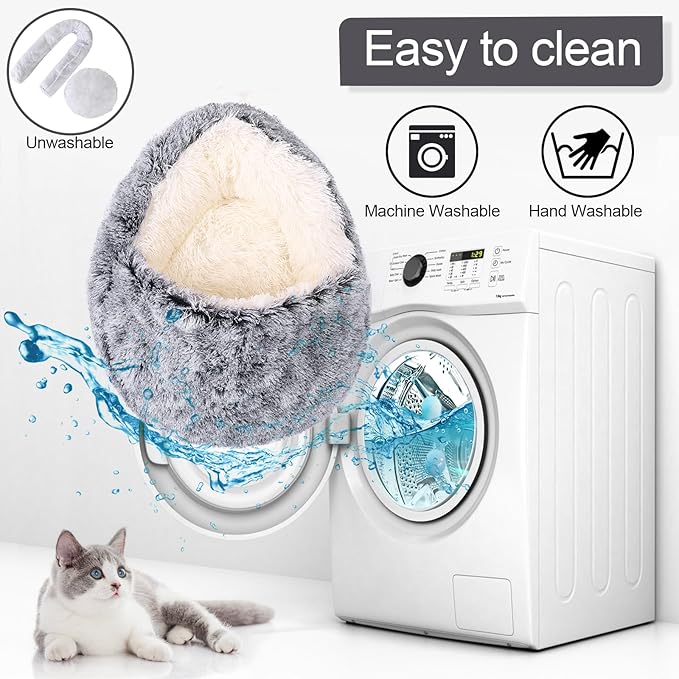 Calming Dog Beds & Cat Cave Bed with Hooded Cover,Removable Washable Round Beds for Small Medium Pets,Anti-Slip Faux Fur Fluffy Coved Bed for Improved Sleep,Fits up to 15/25 lbs(Grey,M)