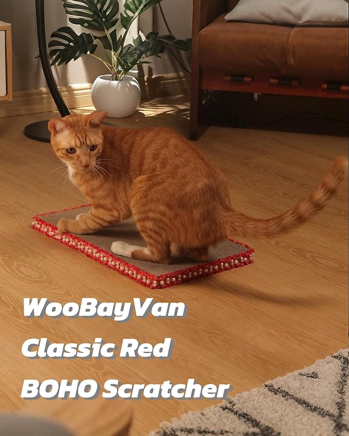 Classic Red Cat Scratch Pad, Stylish Boho Lace with Pearl Large Cardboard Cat Scratcher, Cat Scratchers for Indoor Cats, Durable Cat Scratching Board, Horizontal Scratch Pad for Cats