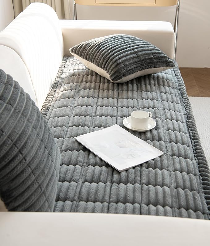 Faux Fur Plush Dog Couch Cover 3D Stripe Fuzzy Sofa Cover Non-Slip Fluffy Dog Bed Cover Pet Blanket Sofa Couch Furniture Protector for Puppy Large Dog Cat (Dark Grey,35"x82")