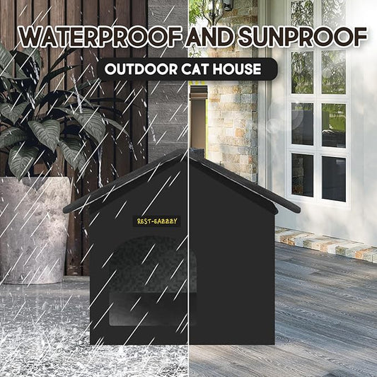 Rest-Eazzzy Cat House for Outdoor Cats, Weatherproof and Insulated Feral Cat House with Mat and Canopy, Easy to Put Together, Selfwarming Cat Shelter for Winter(13 * 13 * 14" Black with Support)