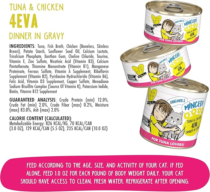 Weruva BFF Minced Natural Wet Cat Food, Tuna and Chicken 4 Eva in Gravy, 10oz Can, Pack of 12