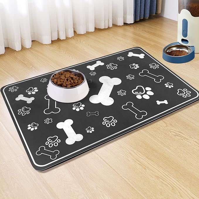 Pet Feeding Mat,Rapid Absorbent Mats for Dog Cat Food, Dog Placemat Water Bowl Mat with Rubber Backing,Messy Drinkers to Protect Floors, Pet Accessories 12"x18" Black