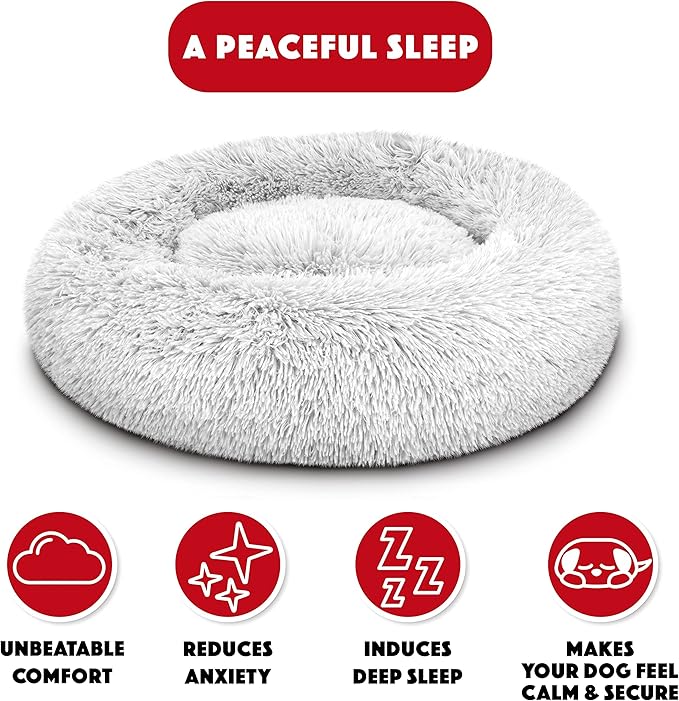 The Dog's Balls Sound Sleep Donut Dog Bed, Small Ice White Fur Calming Nest Bed, Veterinary Approved