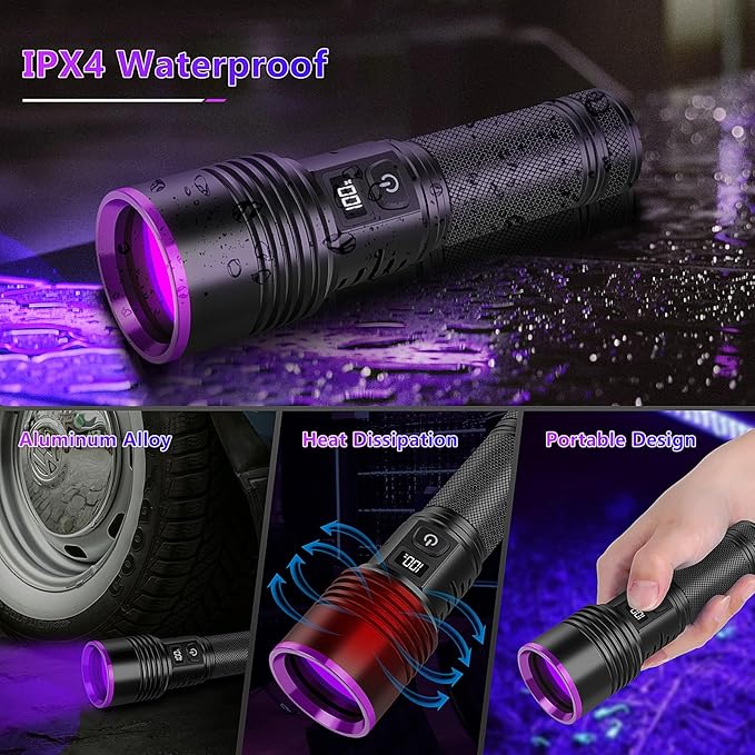 WINDFIRE UV Flashlight 365nm Black Light, Rechargeable Blacklight Flashlights with LCD Display, Powerful Ultraviolet Lights for Pet Urine Detection, Scorpions, Resin Curing, Uranium Glass, AC Leak