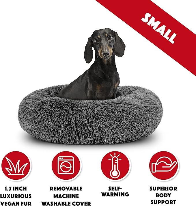 The Dog’s Bed Sound Sleep Donut Dog Bed, Small Steel Grey Fur Calming Nest Bed, Veterinary Approved