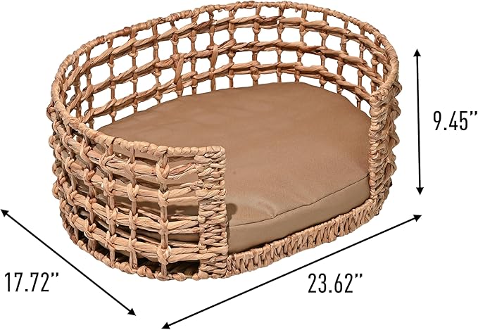 DBD4000A Gigi 24" x 18" Modern Bohemian Handwoven Hyacinth Open-Weave Oval Pet Bed with Machine-Washable Cushion, Natural