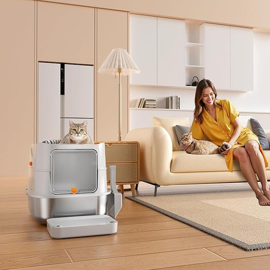 Extra-Large Stainless Steel Cat Litter Box with Lid, Dual Entry Design (Front & Top), Leak-Proof & Odor-Free, Easy to Clean Metal Kitty Litter Pan with Scoop & Filter Pedal