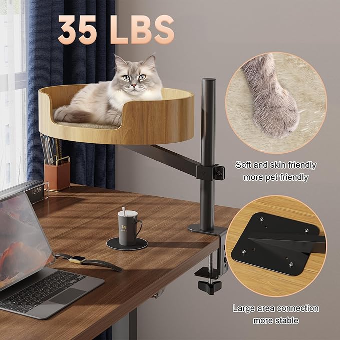 Cat Desk Bed – Cat Bed for Indoor Cats with Adjustable Height&360° Rotation, Elevated Desk Nest Cats Beds for Table, Desktop Cat's Hammock for Small Space, Wooden Cat's Bed Desktop Kitten Furniture