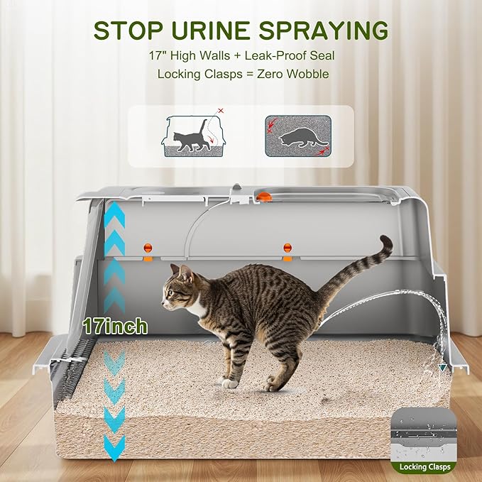 Stainless Steel Litter Box with Lid, 28" XXXL Large Cat Litter Box Enclosure for Multiple Cats, Odor Control with Carbon Filters, Anti-Leak High Sided, Includes Removable Lid & Scoop Light Gray