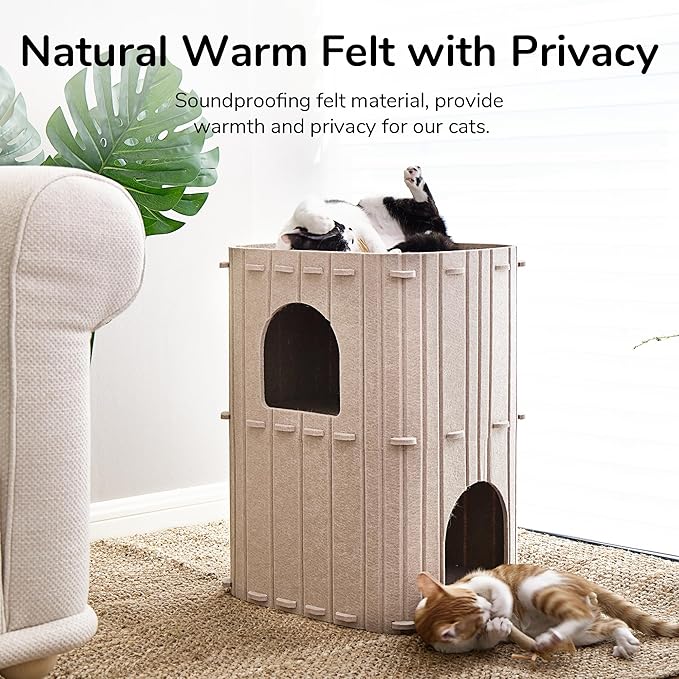 FUKUMARU Cat House for Indoor Cats, 2-Storey Large Cat Bed Cave, Cozy Felt Covered Cats Tunnel Condo Hideaway for Multicats, 17.72x14.37x23.62 inches, Beige