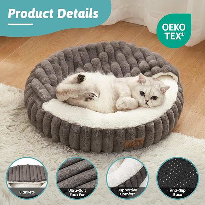 Cat Bed with Hooded Blanket, Round Fluffy Anti-Anxiety Pet Bed for Cats/Small Dogs, Cozy Donut Cuddler with Machine Washable Faux Fur & Anti-Slip Bottom(23"×23"×6",Grey)