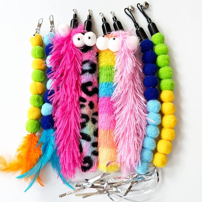 Cat Wand Replacement Worm Cat Toys, 8 Pieces Cat Wand Attachments Assorted Worms Feather Refill Toy for Indoor Cats