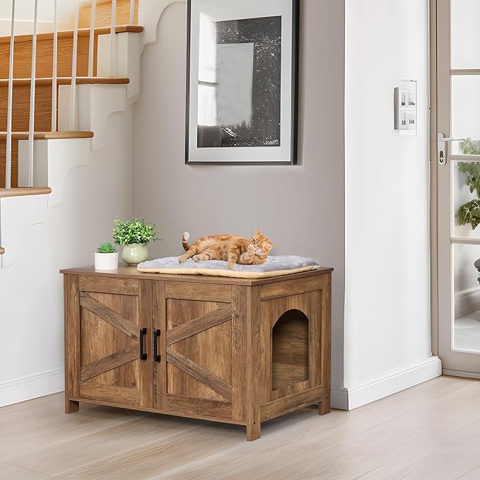Homhedy Cat Litter Box Enclosure, Wooden Cat Washroom Furniture with Barn Door, Pet House, Fit Most of Litter Box, Rustic Walnut