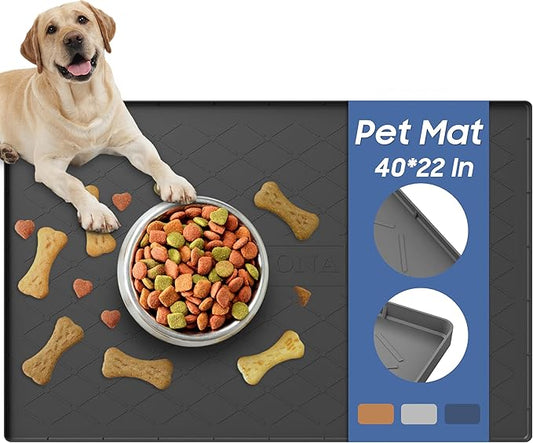 URMONA Large Dog Food Mat, 40" x 22" Pet Food Mat, Waterproof Dog Cat Food Mat with Raised Edges, Silicone Pet Food Mat, Dog Accessories, Prevents Food Spills, Protects Floors, Easy to Clean Fast