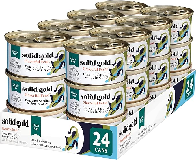 Solid Gold Wet Cat Food Pate - Healthy Canned Cat Food Pate w/Real Tuna & Sardine, Omega Fatty Acids, Vitamins & Minerals - Grain Free & Gluten Free Can Meals for Cats & Kittens - 24ct/3oz Can