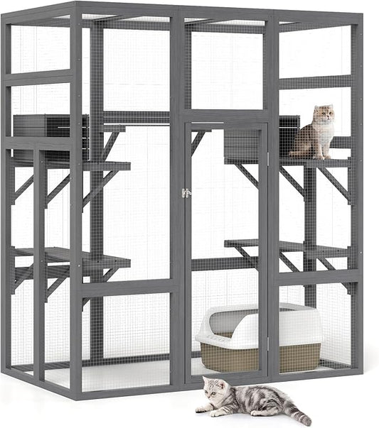 71Inches Large Wood Catio Outdoor Cat Enclosure with Perches and Condos, Cat House Indoor with Waterproof Roof, Cat Shelter 5 Platforms & 2 Resting Box, UV Resistant (Grey)
