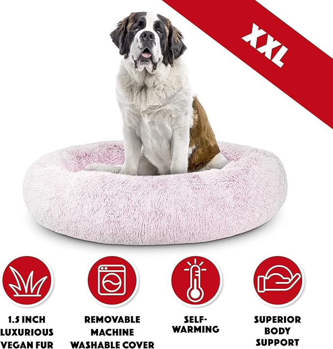 The Dog’s Bed Sound Sleep Original Donut Dog Bed, XXL Rose Pink Plush Removable Cover Calming Nest Bed, Veterinary Approved