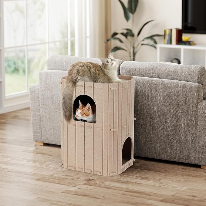 FUKUMARU Cat House for Indoor Cats, 2-Storey Large Cat Bed Cave, Cozy Felt Covered Cats Tunnel Condo Hideaway for Multicats, 17.72x14.37x23.62 inches, Beige