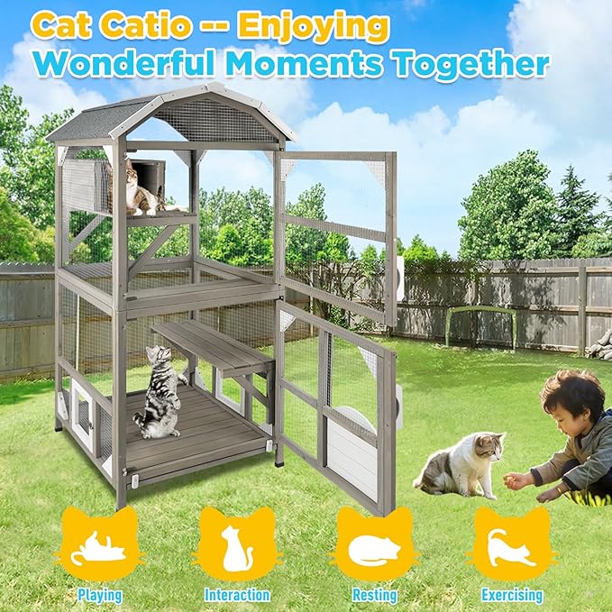 71'' Large Cat House Outdoor Catio Enclosures Indoor Kitten Cages with Attachable Window Resting Box,Waterproof Roof