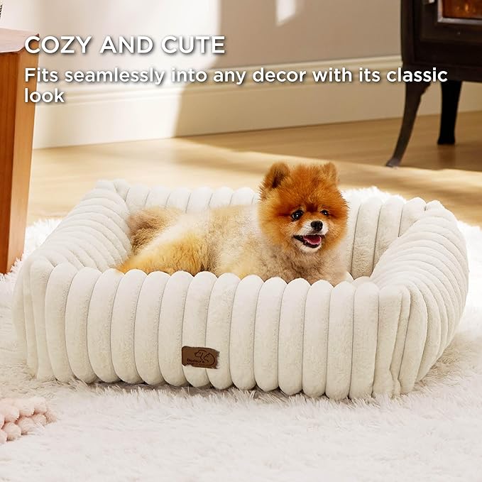 Bedsure Cute Dog Bed Medium Size Dog - Washable Furry Puppy Beds, Rectangle Orthopedic Corduroy Fleece Pet Beds with Removable Zipper Cover, 30x24x8inches, Cream