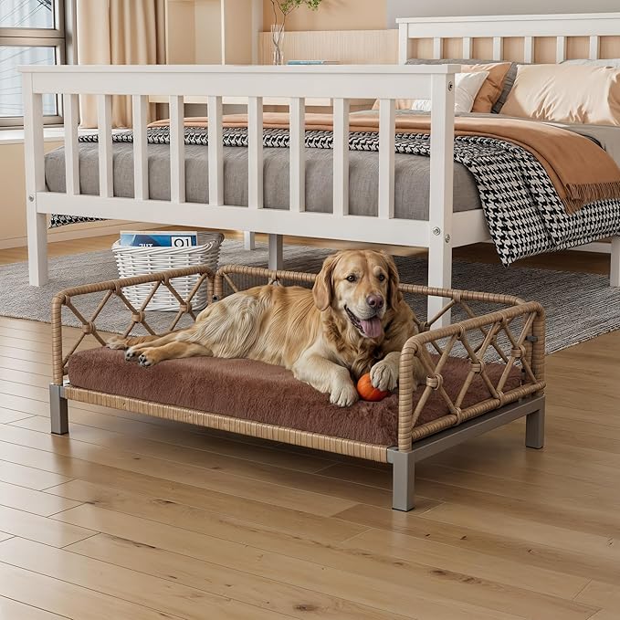 Dog Bed with Cushion, Cooling Elevated Raised Beds with Rattan Breathable Mesh and Universal Mat, Indoor & Outdoor Pet Cots for Large Dog, Brown