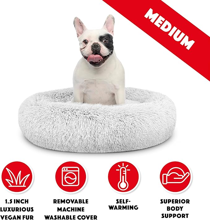 The Dog’s Bed Sound Sleep Donut Dog Bed, Medium Ice White Fur Calming Nest Bed, Veterinary Approved