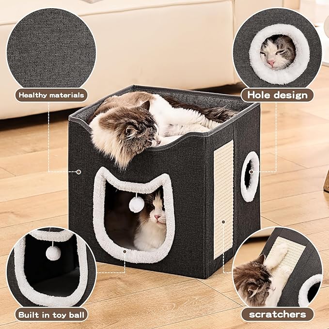 Cat Beds for Indoor Cats, Large Cat Cave with Fluffy Ball and Scratch Pad, Foldable Cat Scratch House with Hideaway Condo for Kitten,16x16x14.5inch,Grey