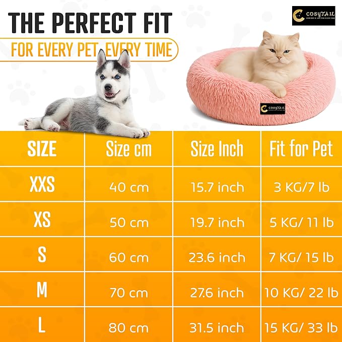 Anti-Anxiety Donut Pet Bed, Round Plush Faux Fur, Washable, Small to Medium Dogs and Cats (Pink, Large)