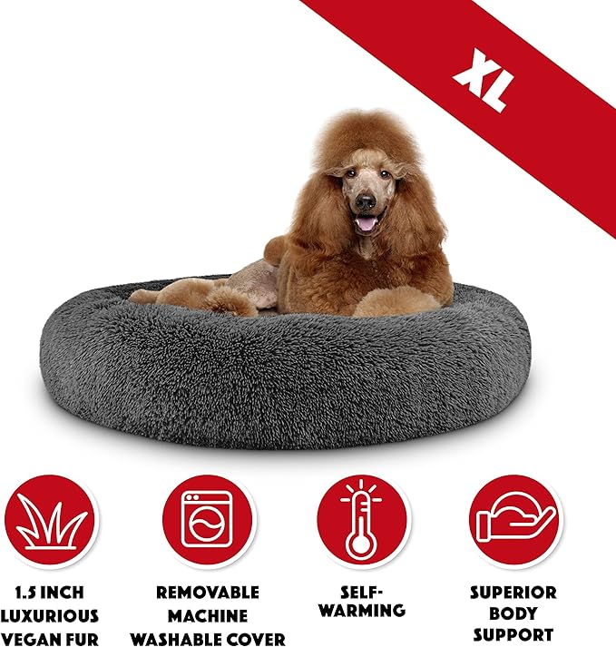 The Dog’s Bed Sound Sleep Donut Dog Bed, XL Steel Grey Fur Calming Nest Bed Removable Cover, Veterinary Approved