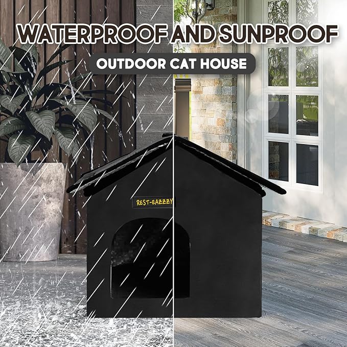 Rest-Eazzzy Cat House for Outdoor Cats, Weatherproof and Insulated Feral Cat House with Mat and Clip, Easy to Put Together, Selfwarming Cat Shelter for Winter, Never Blow Away (Black, House X 2)