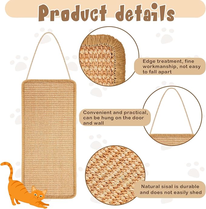 2 Pack Sisal Door Cat Scratching Mat Double Use Hanging Scratcher Wall Floor Mount Natural Cat Scratch Mat Kitty Scratching Pad for Indoor Kitten with Hemp Rope, 7.87 x 19.69(Brown)