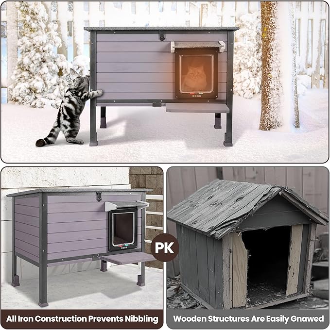 Insulated cat House Outdoor Weatherproof for Winter, Feral Cat Shelter with Insulated Liner, All Round Metal Frame Wooden Condos, Indoor and Outdoor Use for Cat, Rabbit and Small Animal