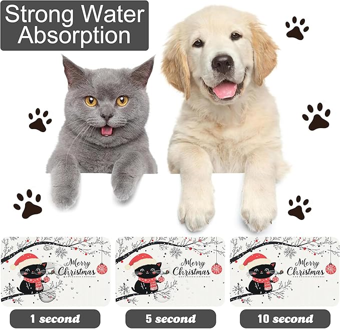 Christmas Black Cat Pet Feeding Mat-Quick Dry Absorbent Dog Cat Food Mat, Anti-Slip Water Bowl Mats for Messy Eaters-No Stains Indoor Pet Accessories 12"x20"