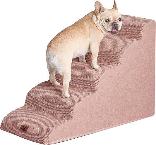 EHEYCIGA Curved Dog Stairs Ramp for High Beds 22.6" H, 5-Step Dog Steps for Small Dogs and Cats, Pet Stairs for High Bed Climbing, Non-Slip Balanced Pet Step Indoor, Dusty Pink