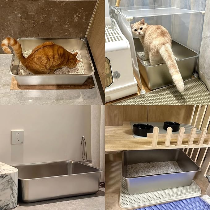 Stainless Steel Cat Litter Box - Medium to Large Indoor Metal Litter Pan Tray, High Sided, Easy to Clean No Stick Rustproof Odorless Pet Toilet for Cats Kitty Rabbit (Silver, 17.7" x13.8" x6")