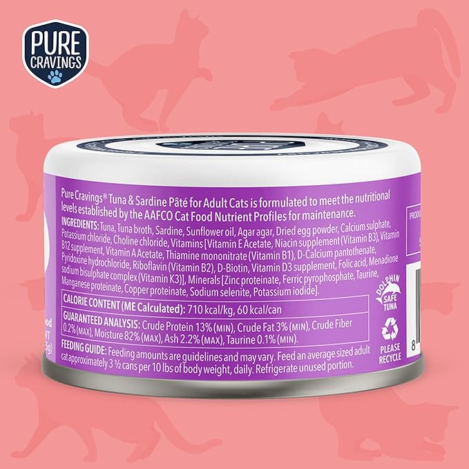 Tuna and Sardine Pate, Canned Wet Cat Food, 100% Mercury-Tested, Moist Can Fish, Grain-Free Protein, Non-GMO, 12 Pack
