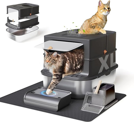 Jalove Stainless Steel Cat Litter Box with Lid, XL Extra Large Metal Litter Box for Big Cat, Covered Enclosed Kitty Litter Boxes, High Sided Enclosure with Scoop & Mat, Easy Cleaning, Dark Gray