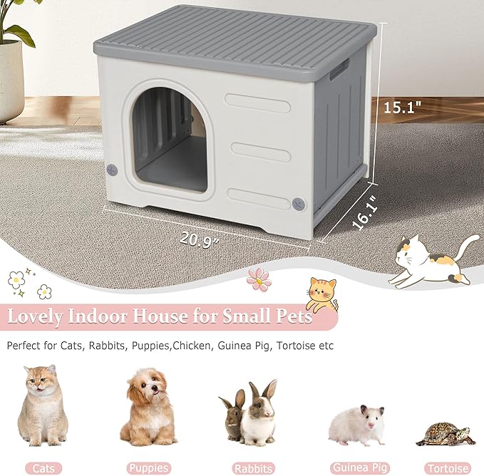 Deblue Plastic Cat House for Indoor Outdoor, Weatherproof Outside Cat House for Feral Cats, Unique Cat Shelter for Small Pet, Spacious, Easy to Assemble - Grey