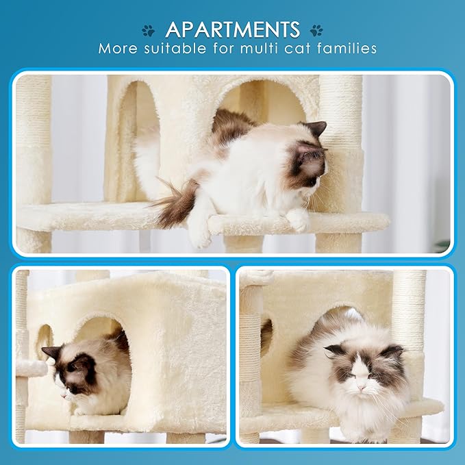 Hey-brother Cat Tree, 74 inches Multi-Level XL Large Cat Tower for Indoor Cats with Three Cat Condos, Two Large Top Decks and Cat Hairbrushfor Kittens, Cats and Pets, Beige MPJ035-MM