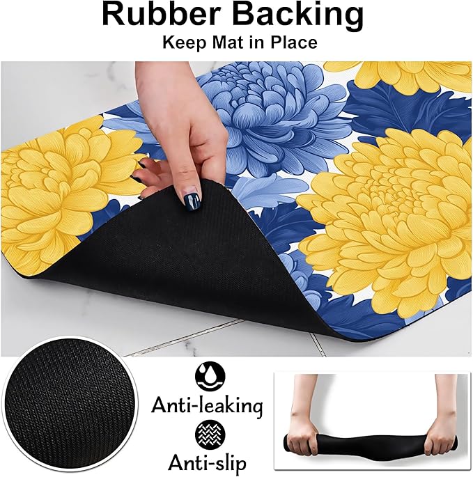 Blue Yellow Flowers Pet Cat Dog Food Mat-Absorbent Quick Dry Feeding Placemat for Water and Food, No Stains Rubber Base Mat for Indoor Use, Pet Accessories 12"x20"