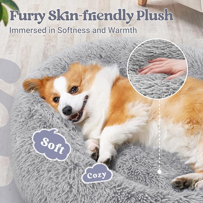 rabbitgoo Calming Dog Bed for Small Medium, 30 inches Pet Bed Machine Washable, Non-Slip Round Fluffy Plush Faux Fur Large Cat Cushion, Soft Donut Cuddler Cushion for Small Dogs, Light Grey