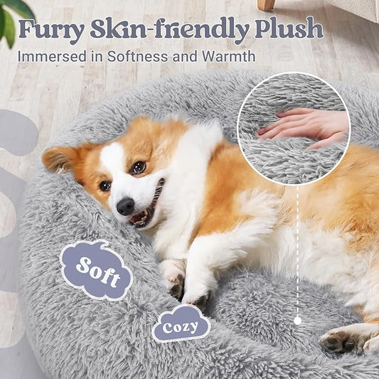 rabbitgoo Calming Dog Bed for Small Medium, 30 inches Pet Bed Machine Washable, Non-Slip Round Fluffy Plush Faux Fur Large Cat Cushion, Soft Donut Cuddler Cushion for Small Dogs, Light Grey